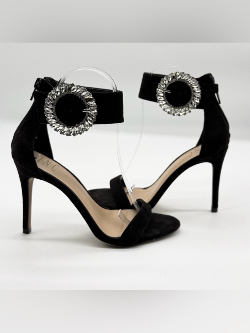 INC International Concepts Black Faux Suede Rhinestone Ankle Strap Heels 5.5